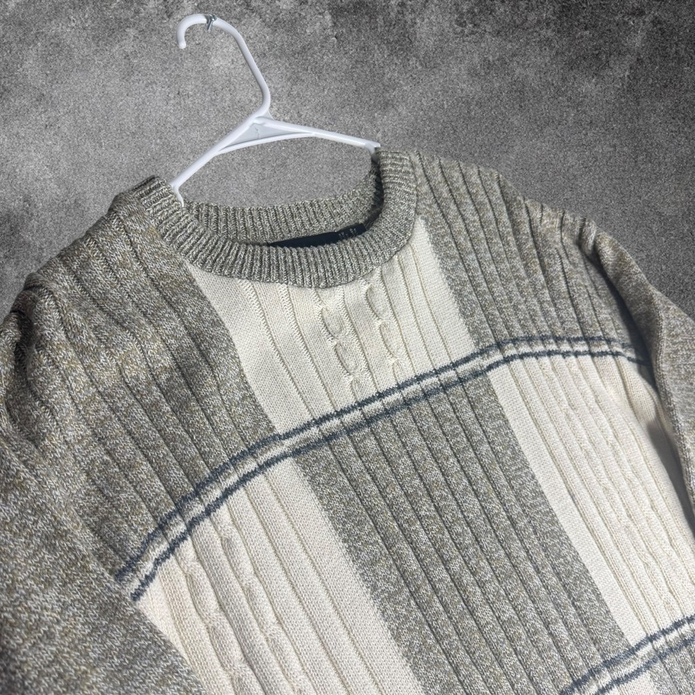 VTG Grandpa Sweater Mens Medium Patchwork 100% Cotton Cable Knit Crewneck 90s